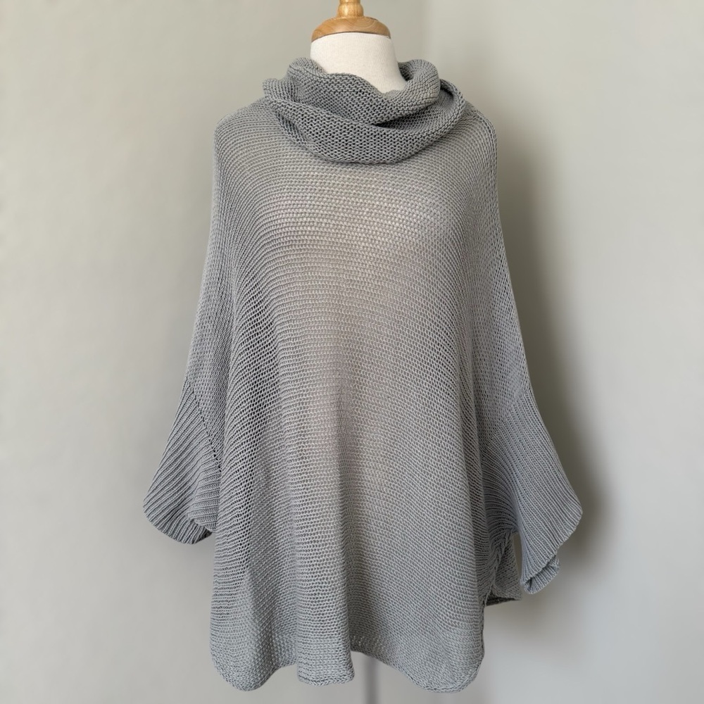 Wooden Ships Grey Open Knit Cowl Neck Poncho Sweater Size M/L Coastal Old Money
